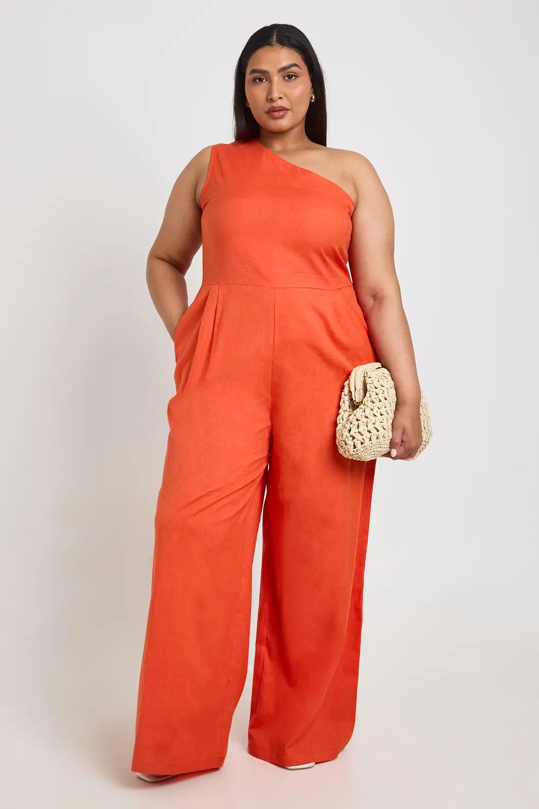 Burnt Orange Plus Linen One Shoulder Jumpsuit | Boohoo USA | boohoo (US & Canada)