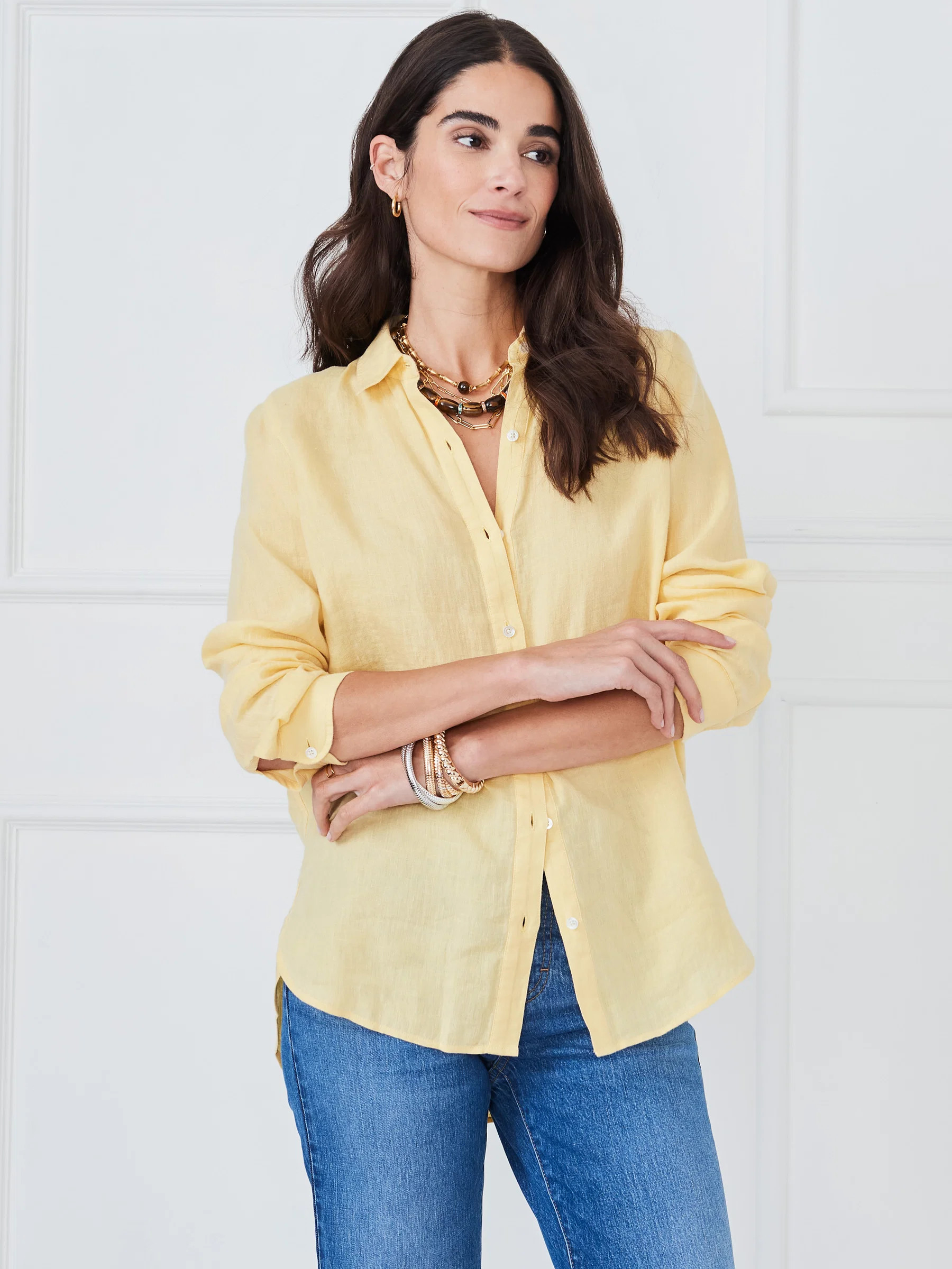 Sun_Yellow Solid Britt Linen Shirt | Women's Tops | J.McLaughlin | J.McLaughlin