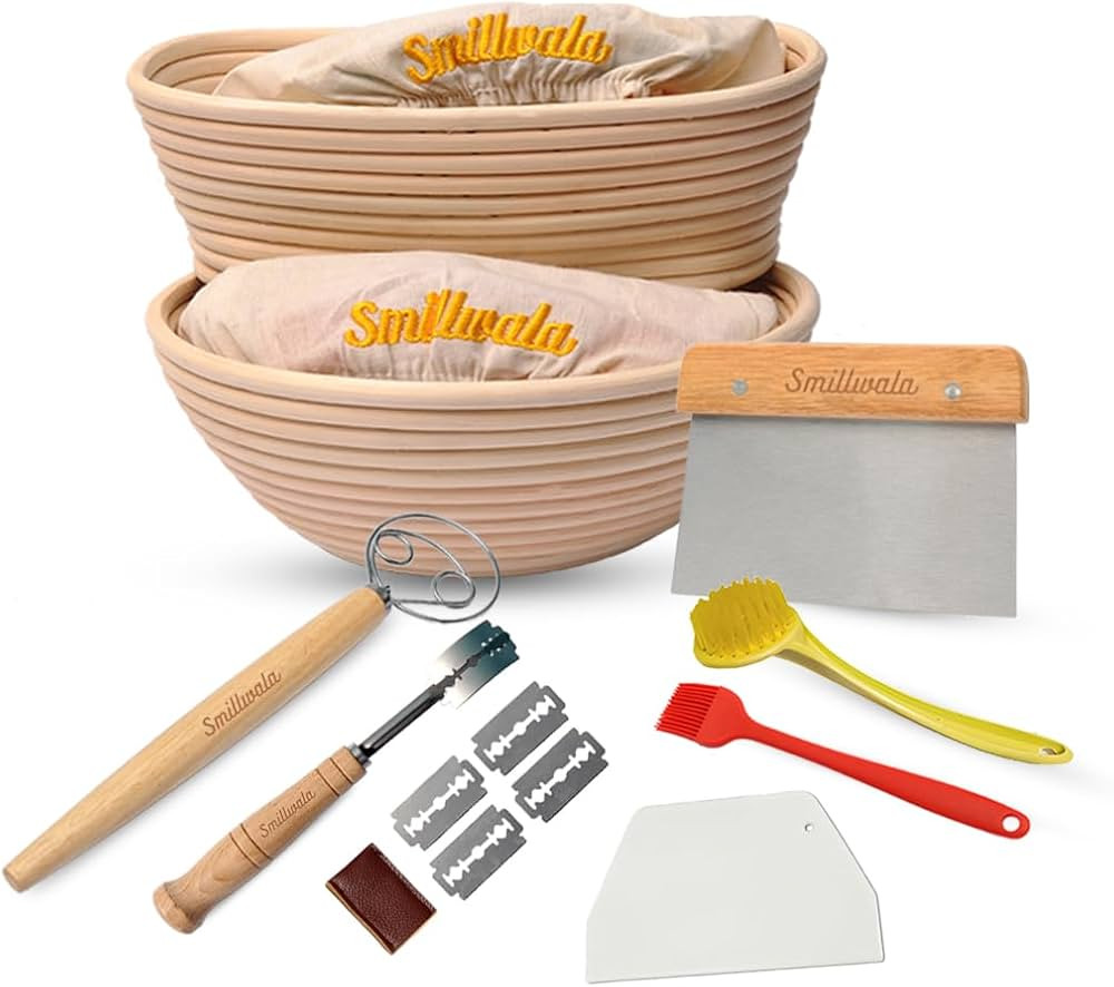 Set of 2 Banneton Bread Proofing Basket,9” Round,10” Oval with 9 Bread Making Tools Handmade ... | Amazon (US)