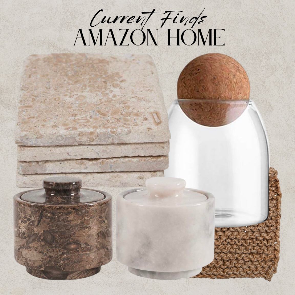 Current Amazon home finds! Kitchen jute pot holder, marble salt and pepper cellar, marble storage, beige travertine coasters, tumbled stone, fossil coasters, glass storage container, cork ball lid, glass canister #amazon #amazonfind #ltk

#LTKFind #LTKhome #LTKSale