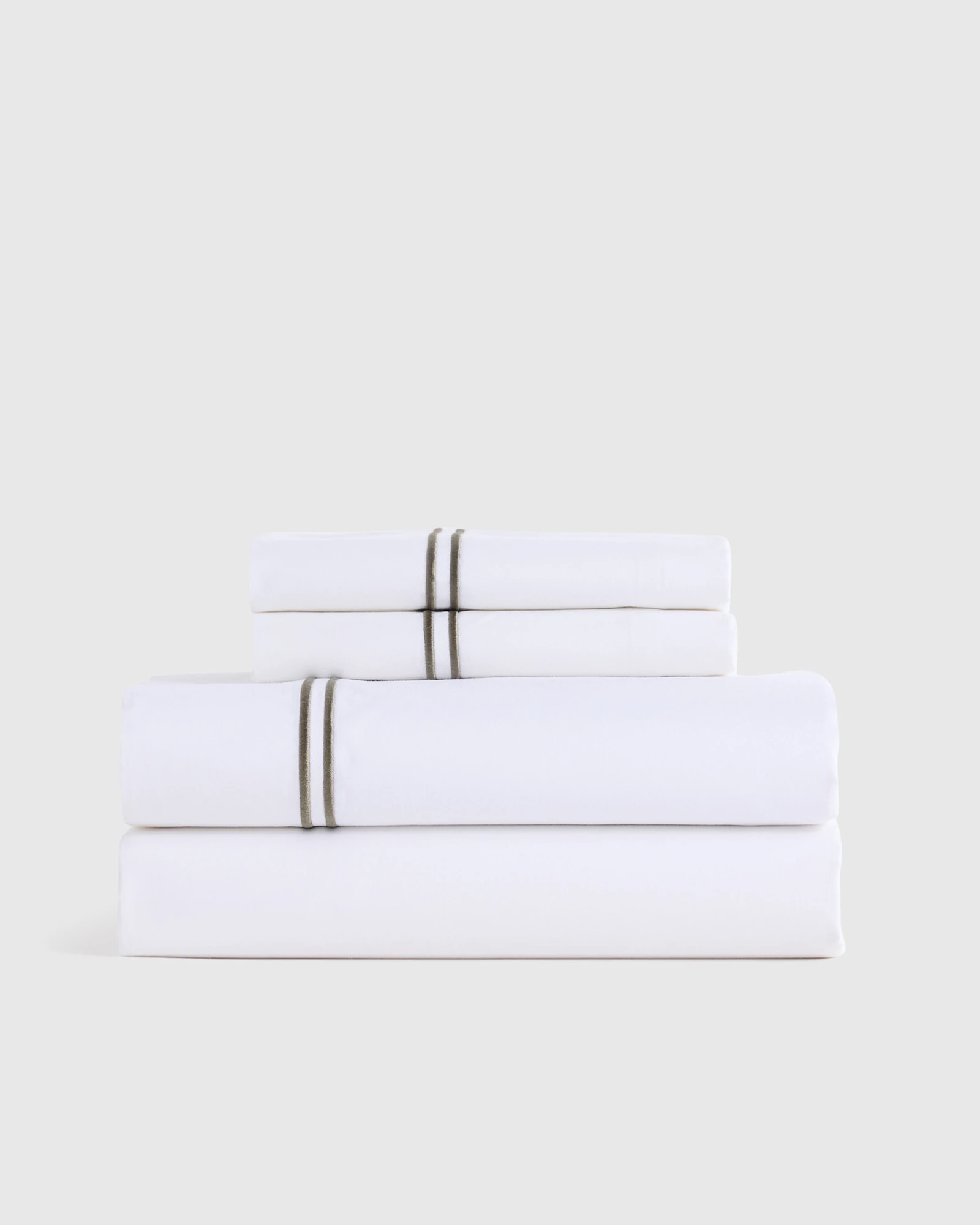 Quince | Classic Organic Percale Embellished Fitted Sheet Set in White/Dusty Olive, Size Queen, Percale Cotton | Quince