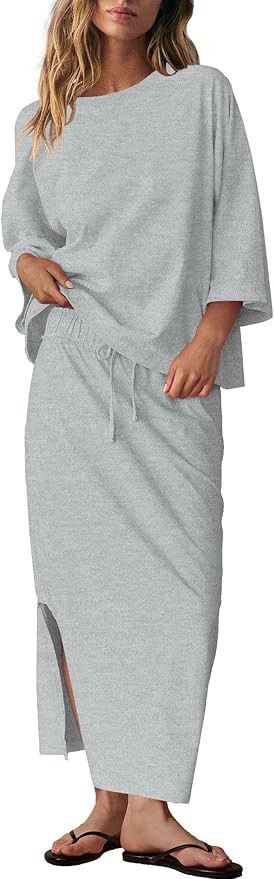 LAMISSCHE Skirt Sets Women 2 Piece Outfits Casual Lounge Set Back Vented Tops and Maxi Dress with... | Amazon (US)