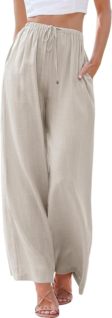 Women's Linen Summer Palazzo Pants Flowy Wide Leg Beach Casual Pant Trousers with Pockets | Amazon (US)