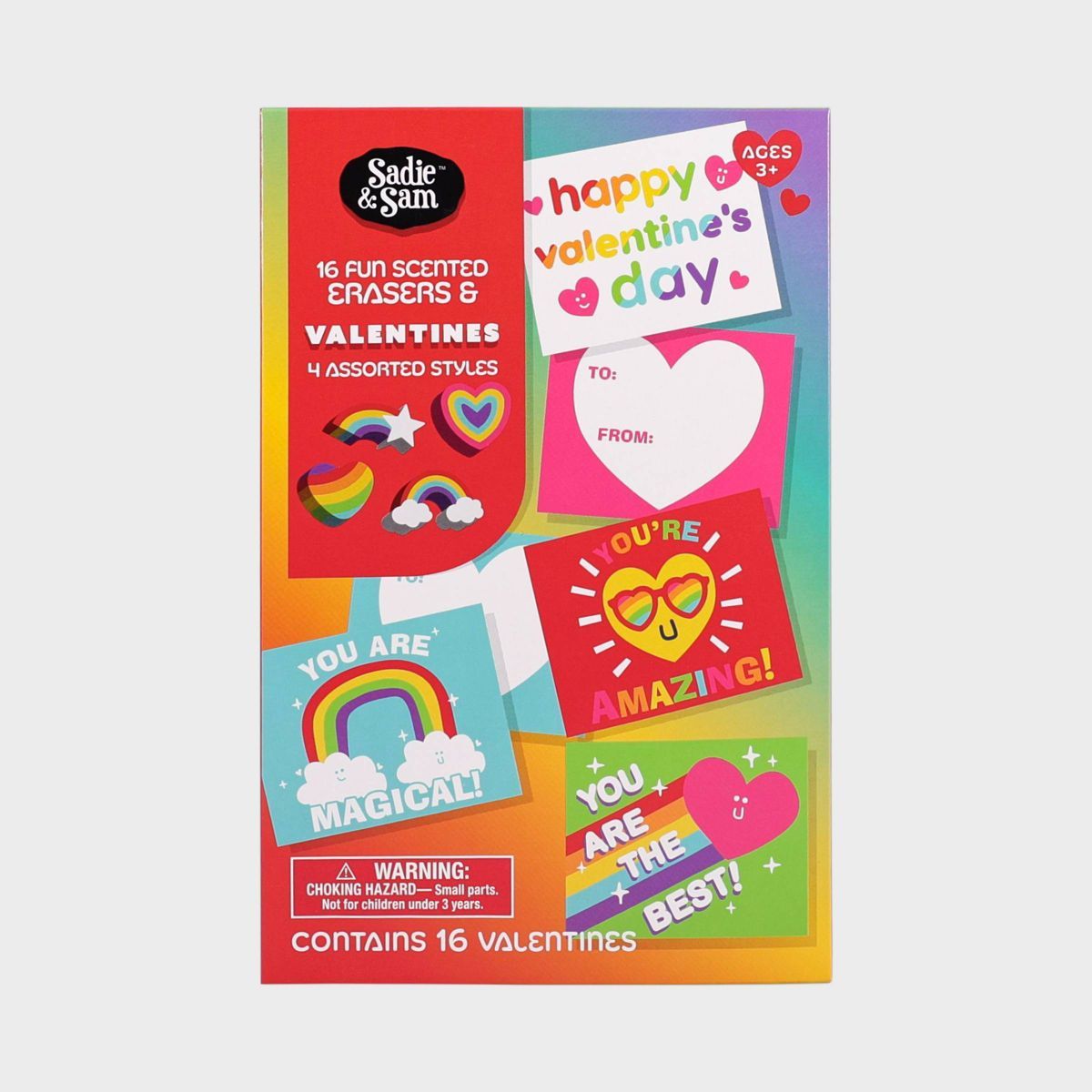 Sadie & Sam 16ct Rainbow Valentine's Day Classroom Exchange Cards with Scented Erasers | Target
