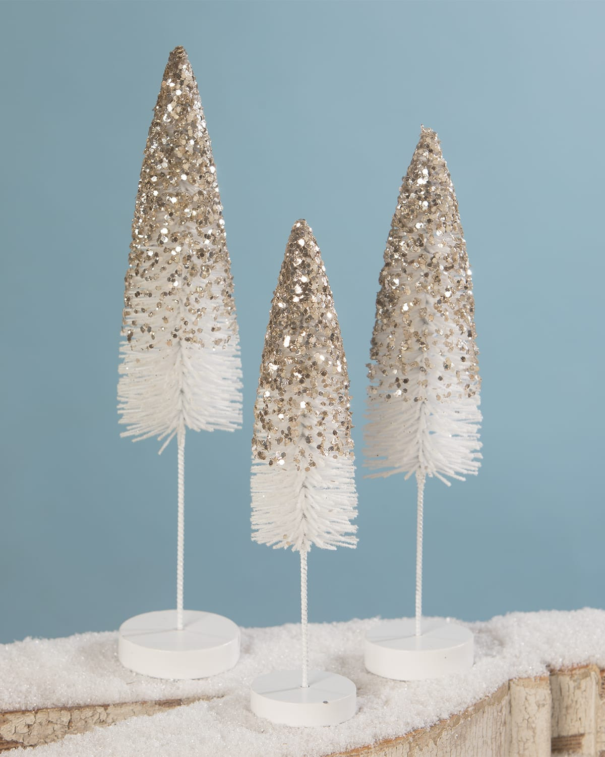 Platinum Glitter Bottle Brush Christmas Trees, Set of 3 | Horchow