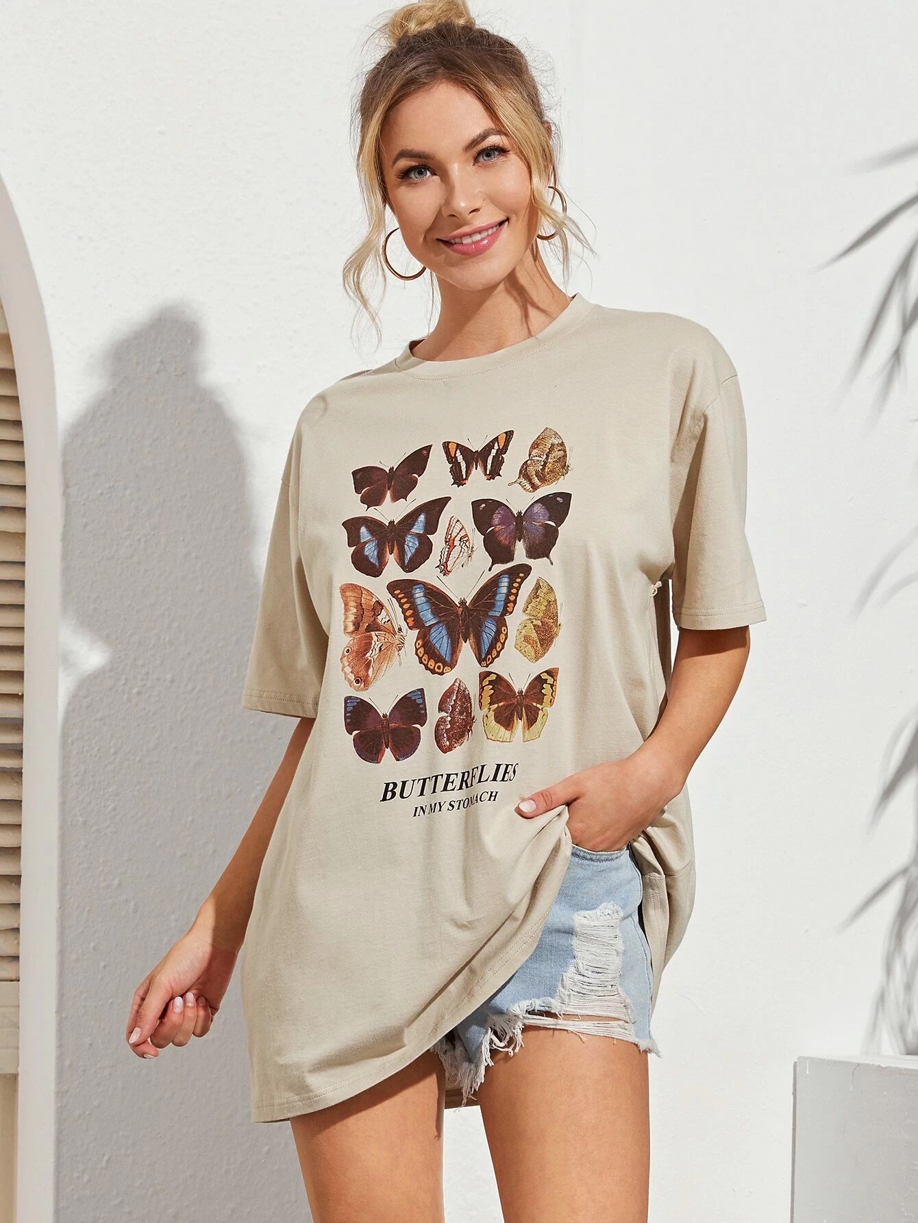 Butterfly And Letter Graphic Oversized Tee | SHEIN