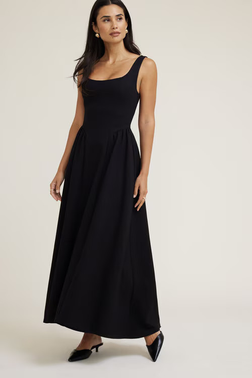 Scoop Flared Ponte Maxi Dress | Dynamite Clothing