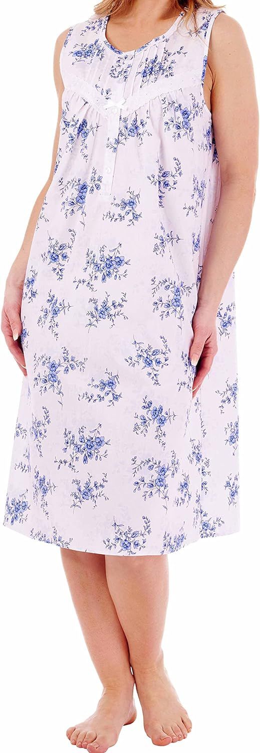 Slenderella Ladies Summer Sleeveless 42" Knee Length Button Up Small Flower Design Cotton Nightdr... | Amazon (UK)