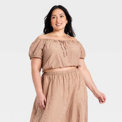 Women's Short Puff Sleeve Tie Top -  A New Day™ Brown Gingham 4X | Target