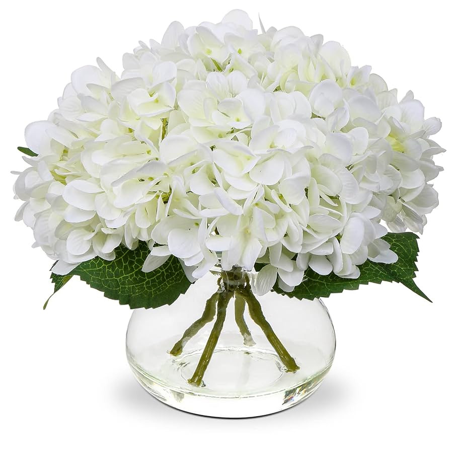 Hollyone Hydrangea Artificial Flowers with Vase White Silk Fake Flowers Arrangements in Glass Vas... | Amazon (US)