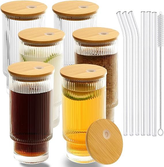 CAYOREPO 6 Pcs Set 16oz Ribbed Drinking Glasses with Bamboo Lids and Straws, Ribbed Glass Cups, S... | Amazon (US)