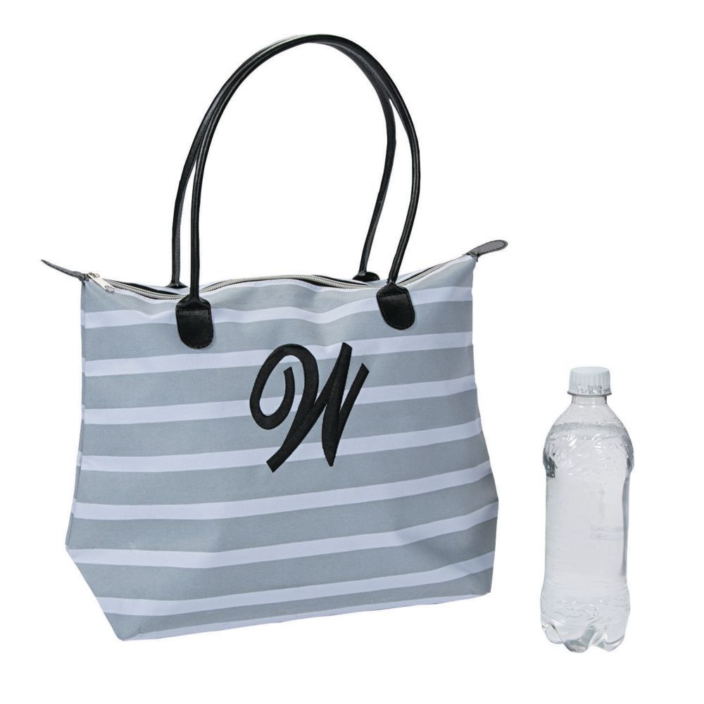 Monogrammed Striped Nylon Tote Bag with Black Embroidery Grey | Oriental Trading Company