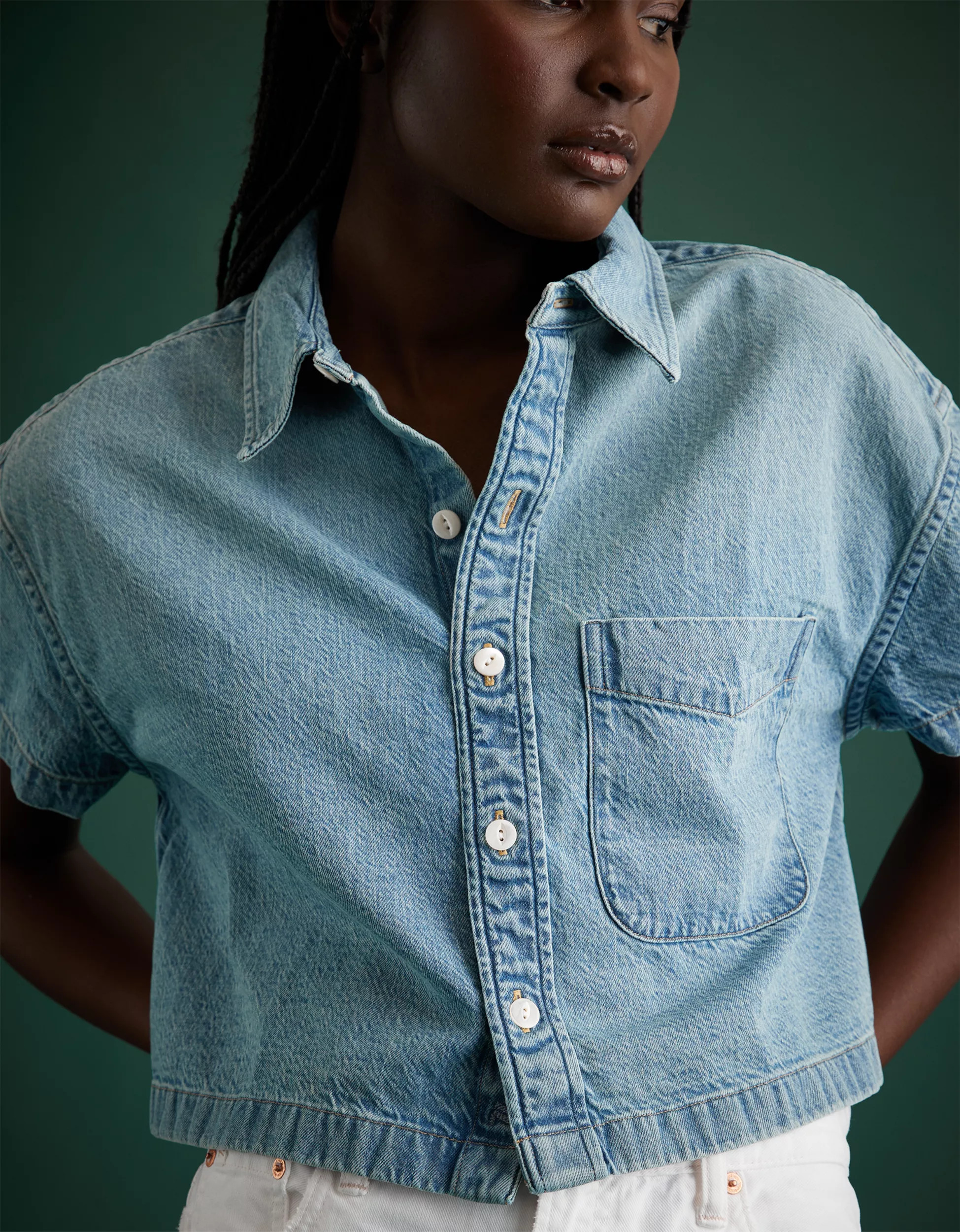 AE77 Premium Boxy Crop Denim Shirt | American Eagle Outfitters (US & CA)
