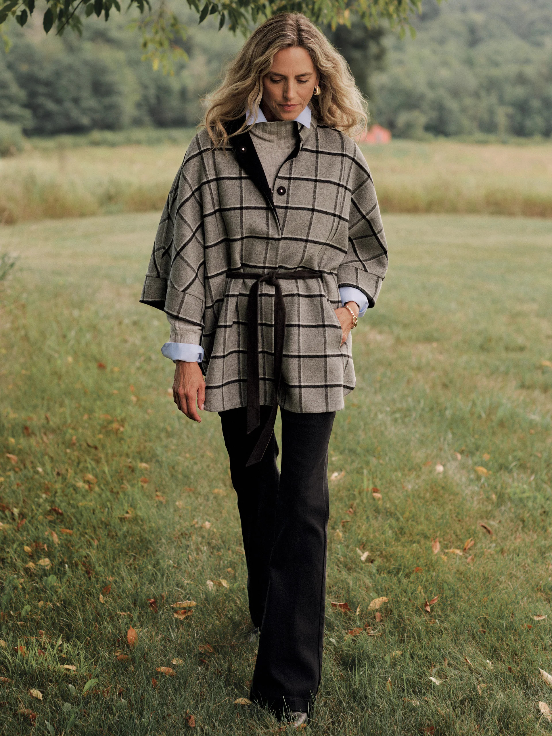 Gray/Black Plaid Terin Cape | Women's Wraps & Ponchos | J.McLaughlin | J.McLaughlin