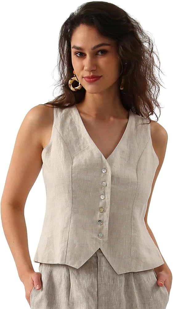 Amazhiyu Womens Pure Linen Sleeveless Button Down Crop Top V Neck Waistcoat Vest | Amazon (US)