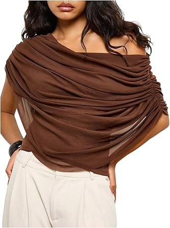 SweatyRocks Women's Off The Shoulder Tops Ruched Draped Mesh Asymmetrical Top Short Sleeve Going ... | Amazon (US)