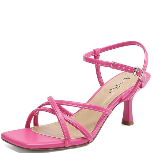 Women's Sandals Square Open Toe Kitten Heels Strappy Ankle Strap Heeled Sandals for Women Comfy Weddings Shoes Hot pink 8.5 | Amazon (US)