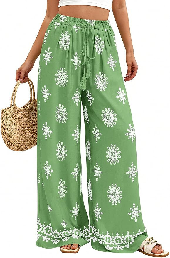 PRETTYGARDEN Women's Wide Leg Palazzo Pants 2026 Summer Boho Floral Trousers Spring Flowy Beach V... | Amazon (US)