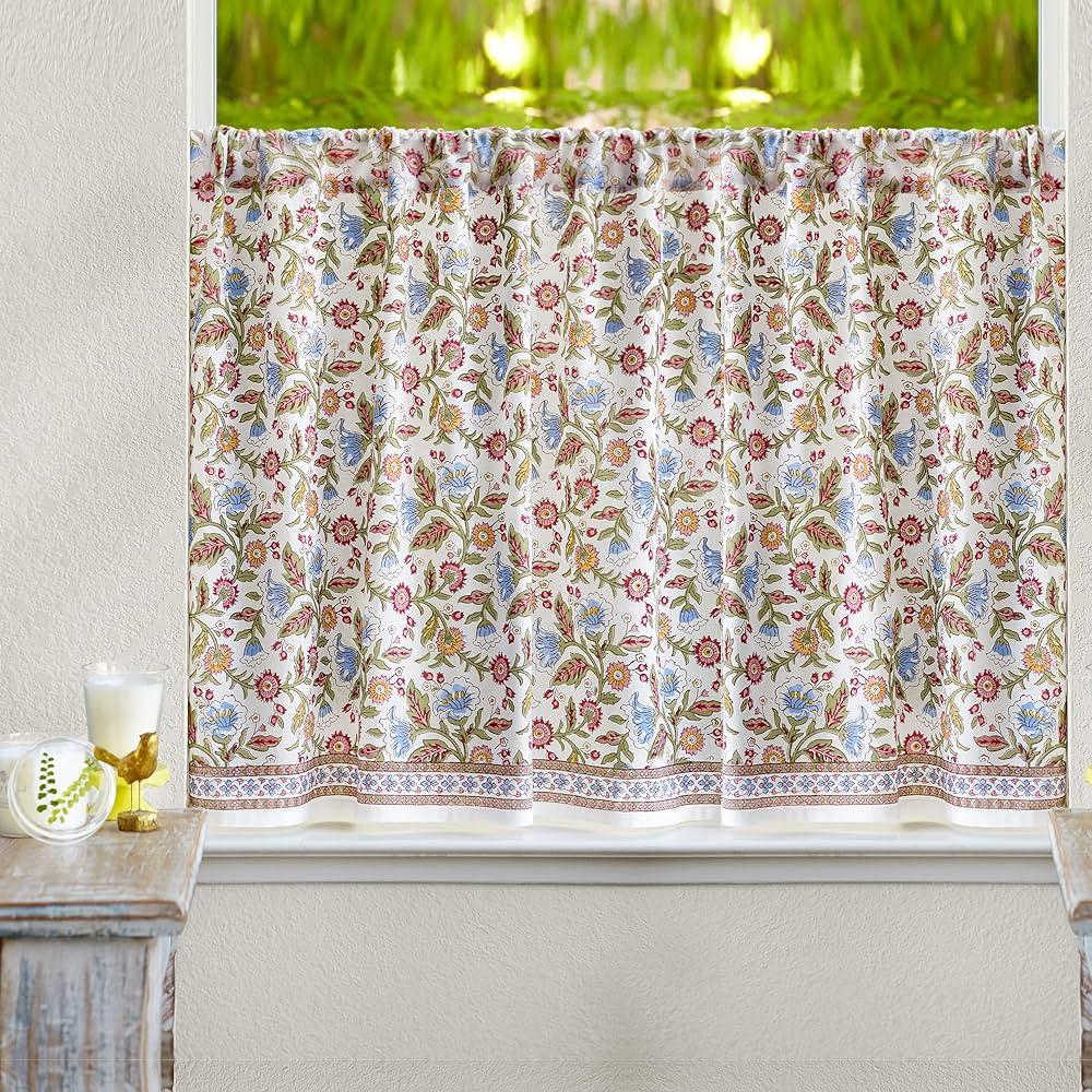 Half Kitchen Cotton Curtains for Small Windows, Bathroom and Cafe Hand Block Printed Enchanted - ... | Amazon (US)