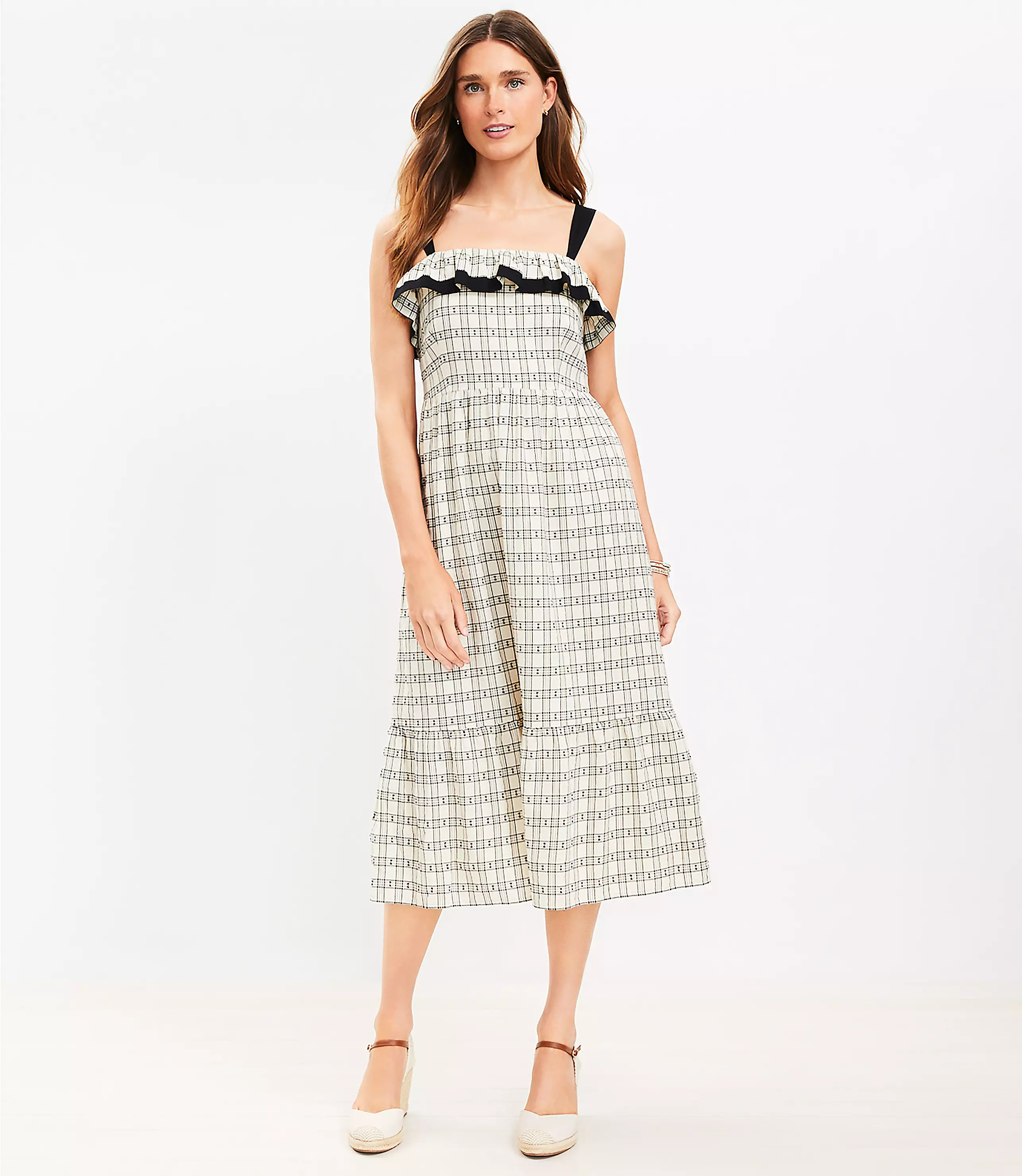 Plaid Ruffle Square Neck Midi Dress | LOFT