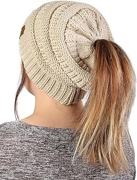 Ponytail Messy Bun BeanieTail Women's Beanie Solid Ribbed Hat Cap | Amazon (US)