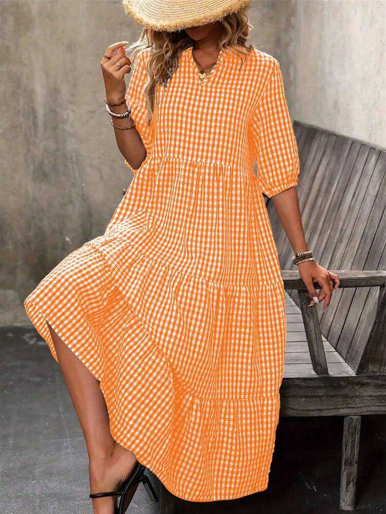 Polyester Fabric Pleated Texture Mid-Length Plaid Round Neck Elegant Casual A-Line Hem Short Slee... | SHEIN