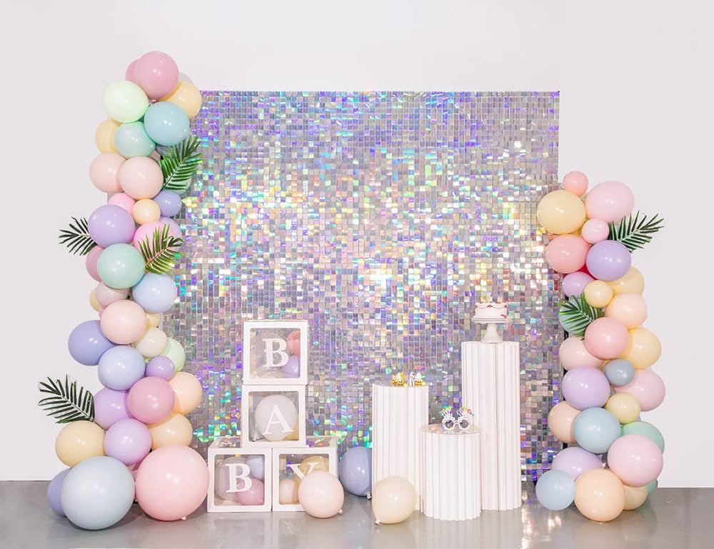 Shimmer Wall Backdrop Silver Iridescent Square Sequin Wall Panel Backdrop Decor for Wedding, Anni... | Amazon (US)
