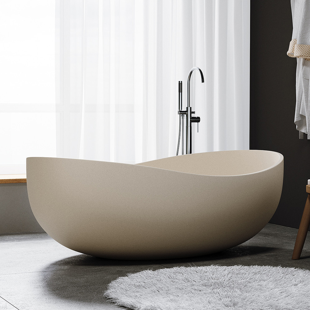 63"" Industrial Concrete Soaking Bathtub Oval Cement Freestanding Bathtub in Beige | Homary