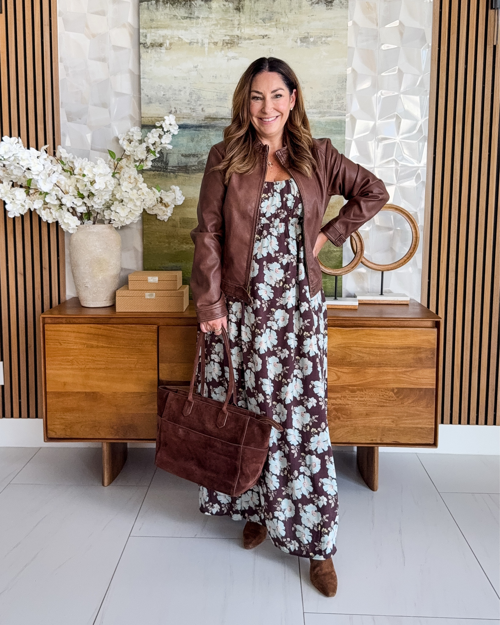This new A&F Maxi Dress is a perfect for fall layered with this slim vegan brown leather jacket.  Plus it has built in cups so no bra required! Dress and jacket true to size, wearing large //boots are from last season so linked similar

#LTKSeasonal #LTKOver40 #LTKMidsize