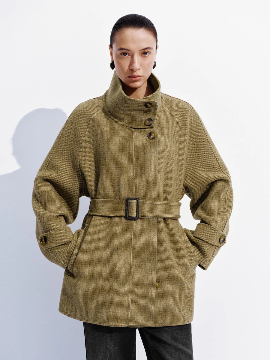 Wool Blend High Neck Belted Short Coats | Urban Revivo