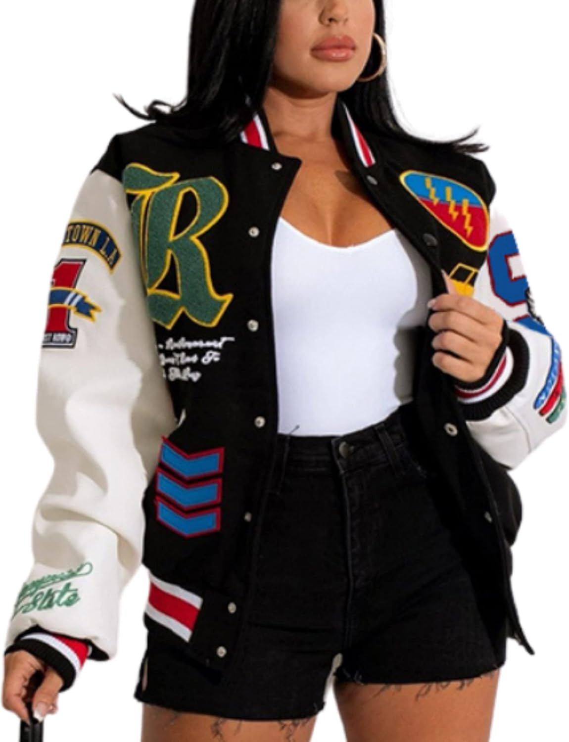 VOIKERDR Varsity Jacket Women Button Print Casual Jacket Spring Lightweight Jacket Sweatshirt Coa... | Amazon (US)