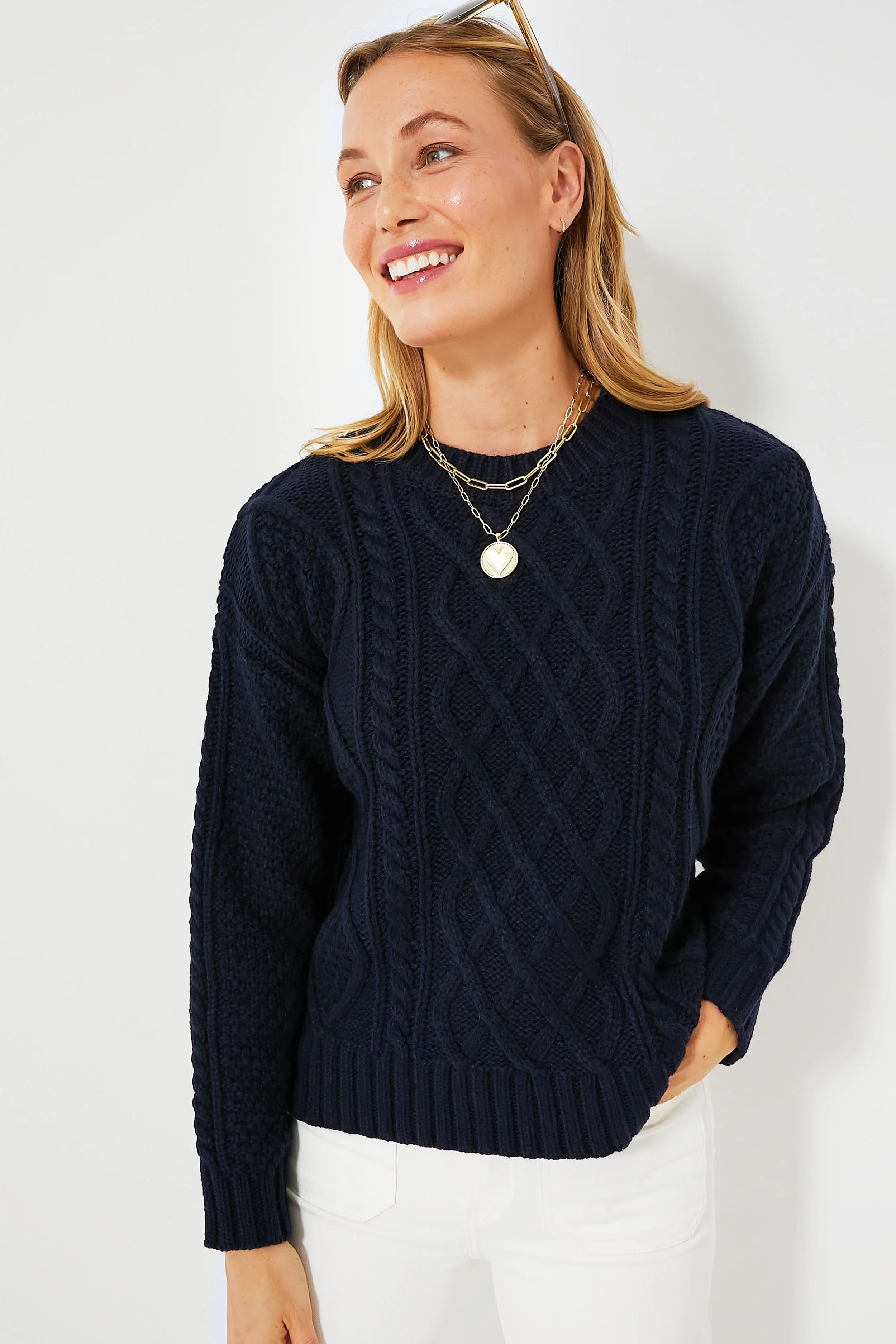 Navy Cable Knit Courchevel Sweater | Tuckernuck (US)
