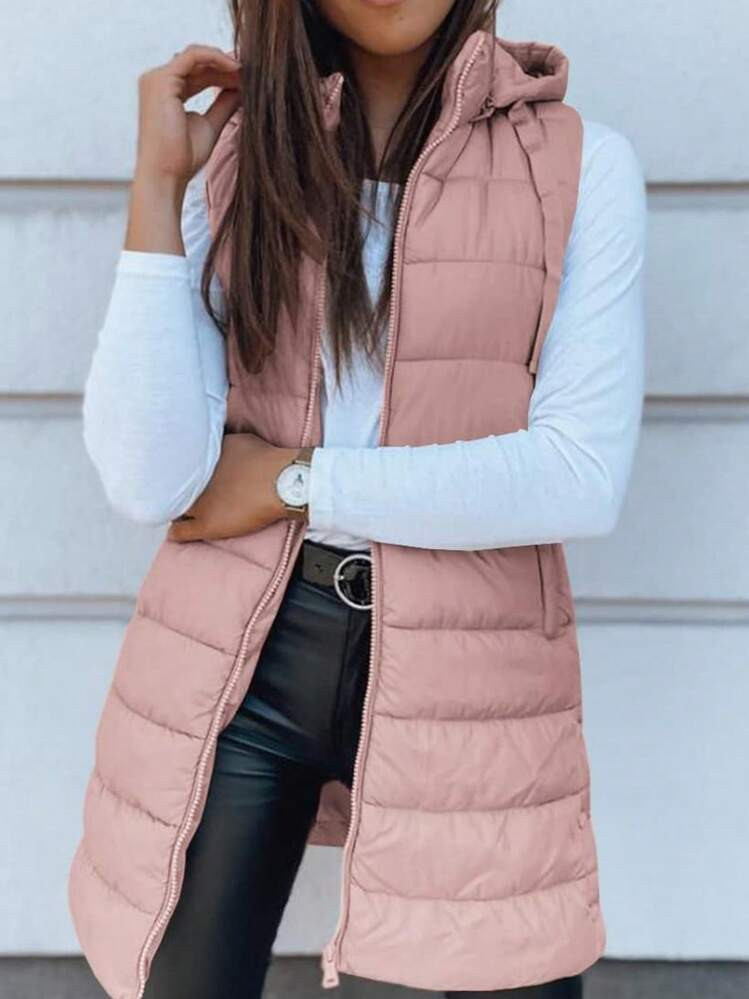 Women's Long Puffer Vest With Hood Solid Color Sleeveless Winter Outwear For Warmth | SHEIN