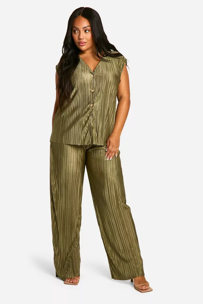 Plus Plisse Waistcoat & Trouser Wide Leg Co Ord | Boohoo.com (UK & IE)