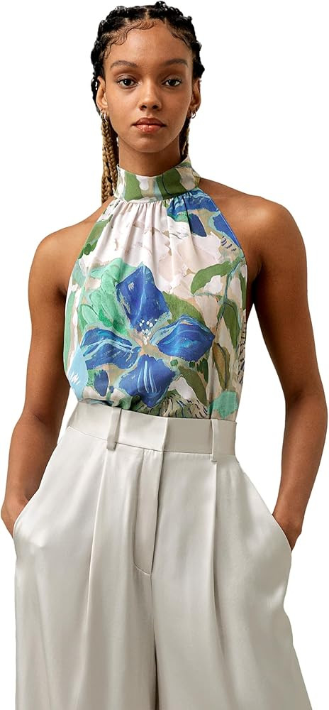 LilySilk Womens Pure Silk Blouse Ladies 18MM Crêpe de Chine Sleeveless Halter Neck Top with Flor... | Amazon (US)