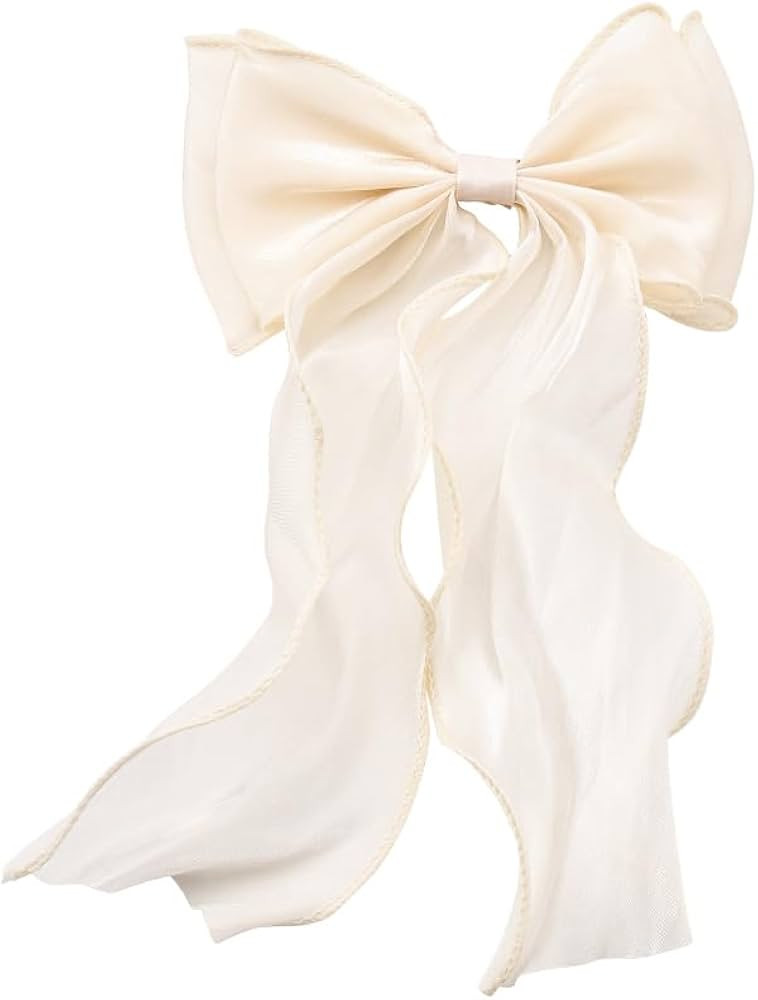 Large White Mesh Bowknot Hair Clips for Women and Girls - Organza Bow With Long Tail Ribbon Barre... | Amazon (US)