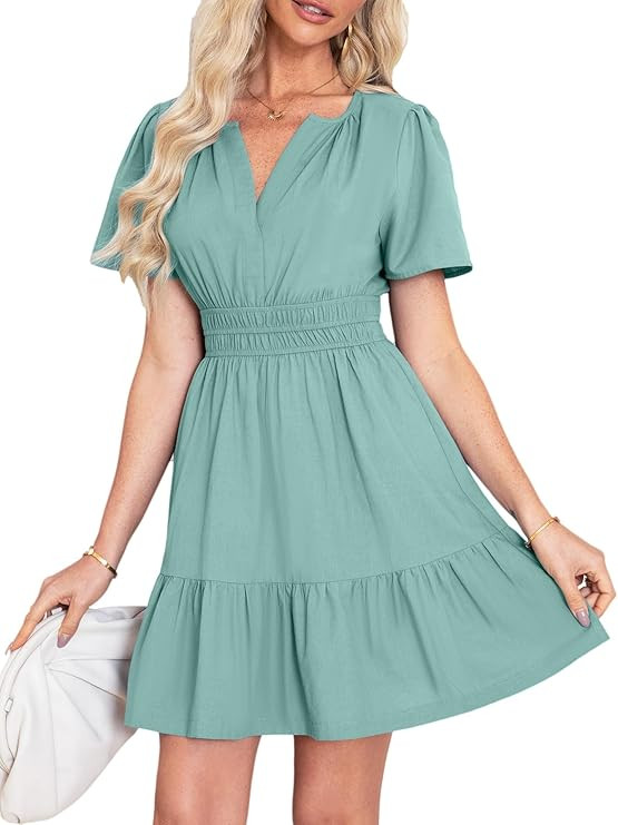 Simplee Women's Summer Beach Wedding Linen Mini Dress Casual Short Sleeve V Neck Empire Waist Flo... | Amazon (US)