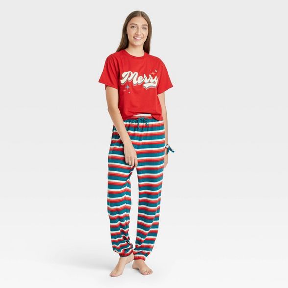 Women's Merry Striped 3pc Scrunchie and Pajama Set - Green/Red | Target