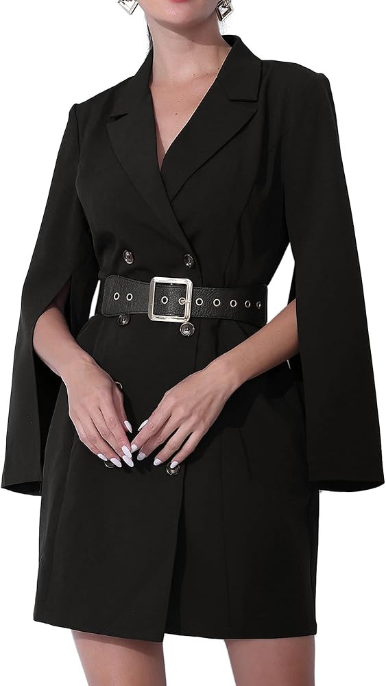 Allegra K Womens Work Dresses Slit Sleeve 2025 Fall Belted Double Breasted Business Blazer Dress | Amazon (US)