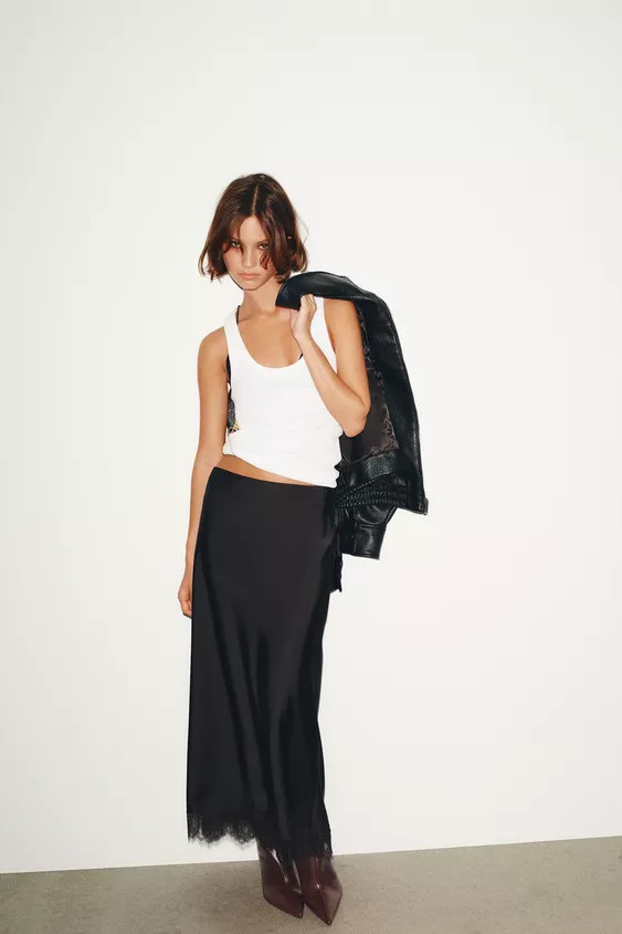 SATIN EFFECT LACE MIDI SKIRT | Zara US