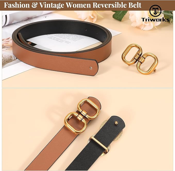 Reversible Leather Belt for Women with Gold Buckle Ladies Leather Belt for Jeans Pants | Amazon (US)