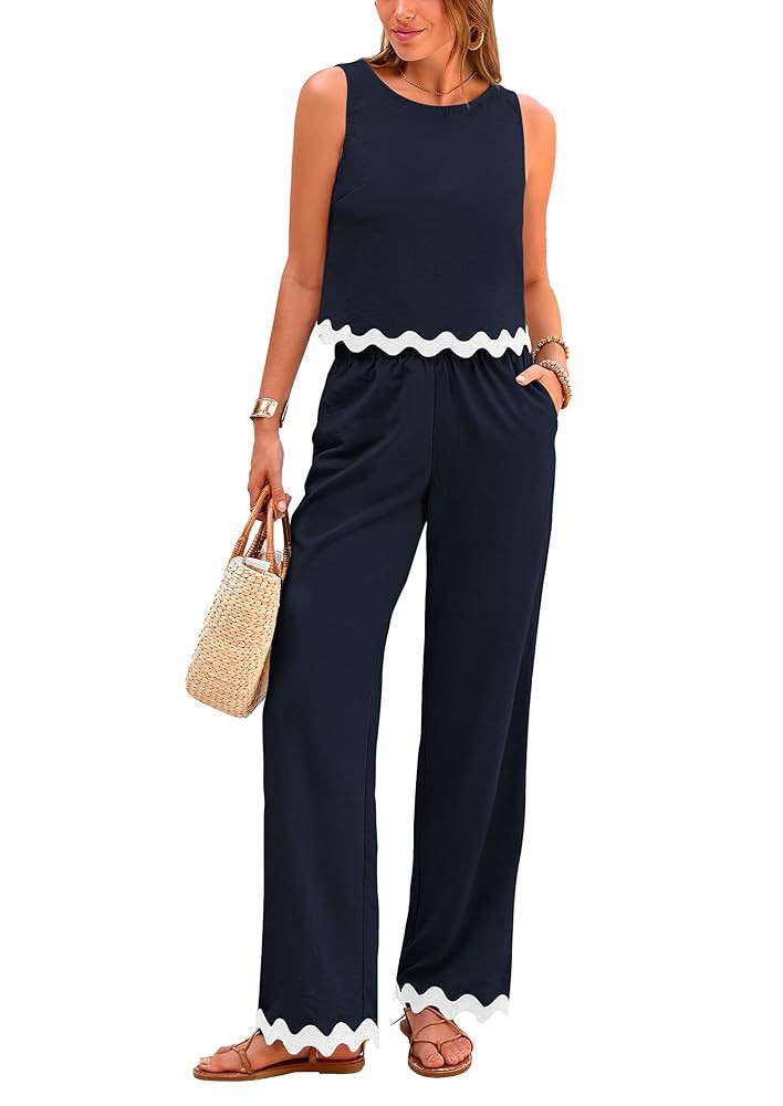 PRETTYGARDEN Women's 2 Piece Outfits Smmer Casual Sleeveless Tank Crop Top Pants Sets Tracksuit | Amazon (US)