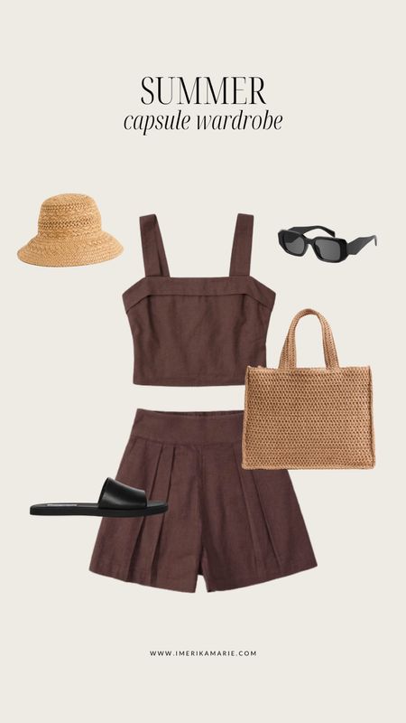 summer capsule wardrobe. matching set. straw bag. straw hat. sunglasses. black slides. steve madden sandals. abercrombie finds. summer outfit. sunglasses. shorts. 

#LTKSeasonal #LTKstyletip #LTKunder100