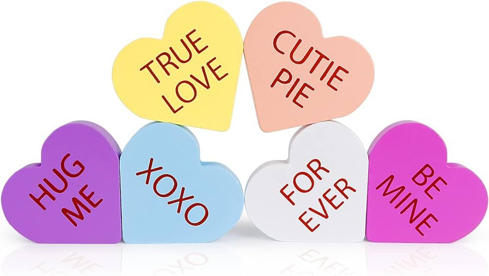 Wooden Valentines Day Decor, 6 PCS Double Printed Freestanding Wood Heart Signs for Valentines De... | Amazon (US)