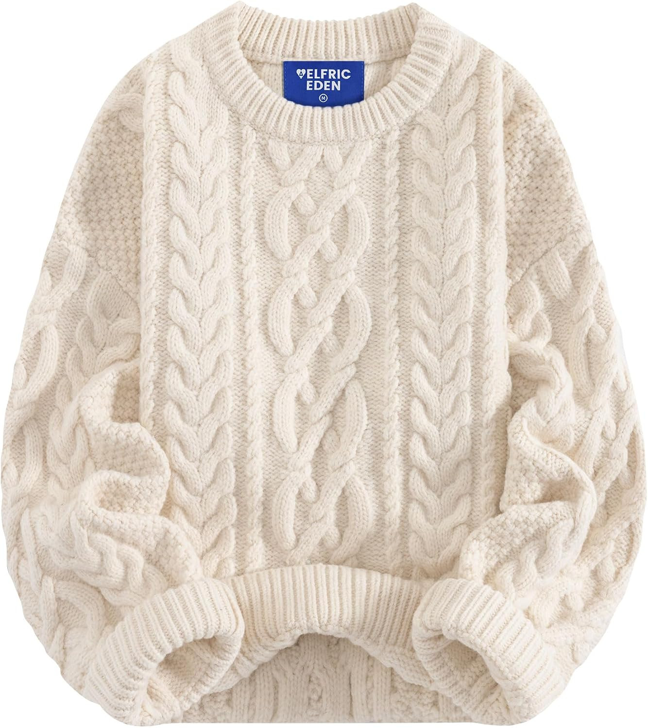 Aelfric Eden Sweaters for Women Oversized Chunky Cable Knit Crew Neck Solid Pullover Sweater Trendy Vintage Fall Tops | Amazon (US)