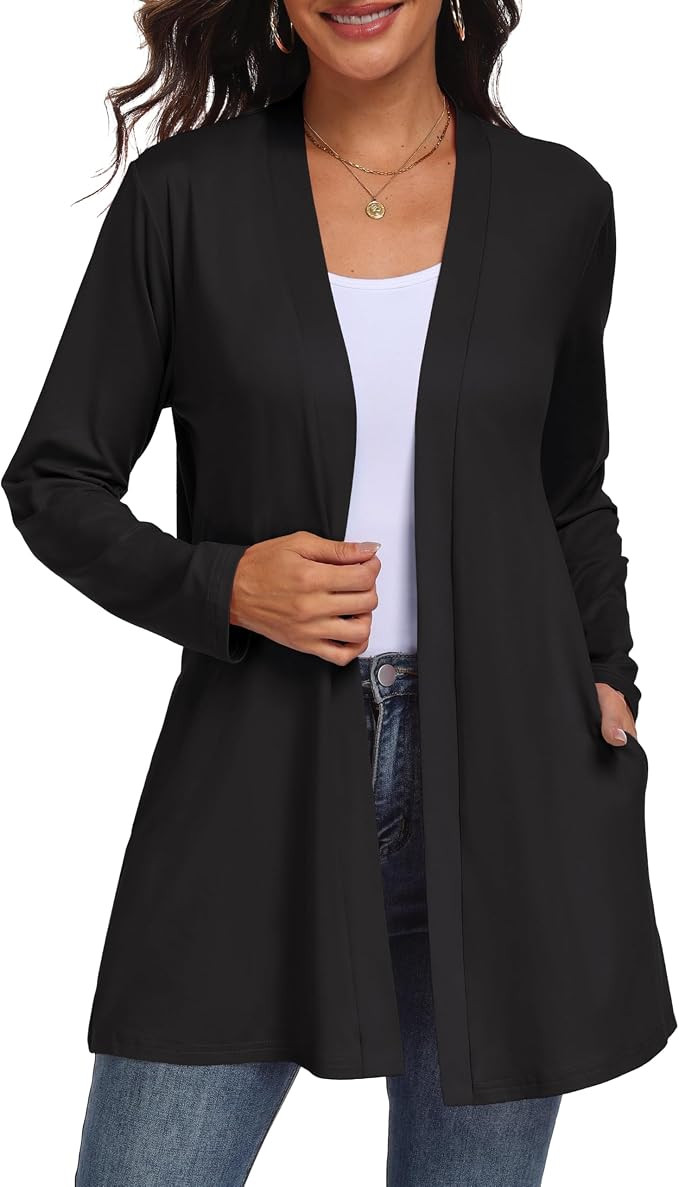 QIXING Womens Casual Lightweight Cardigan with Pocketes Long Sleeve Open Front Cardigan | Amazon (US)