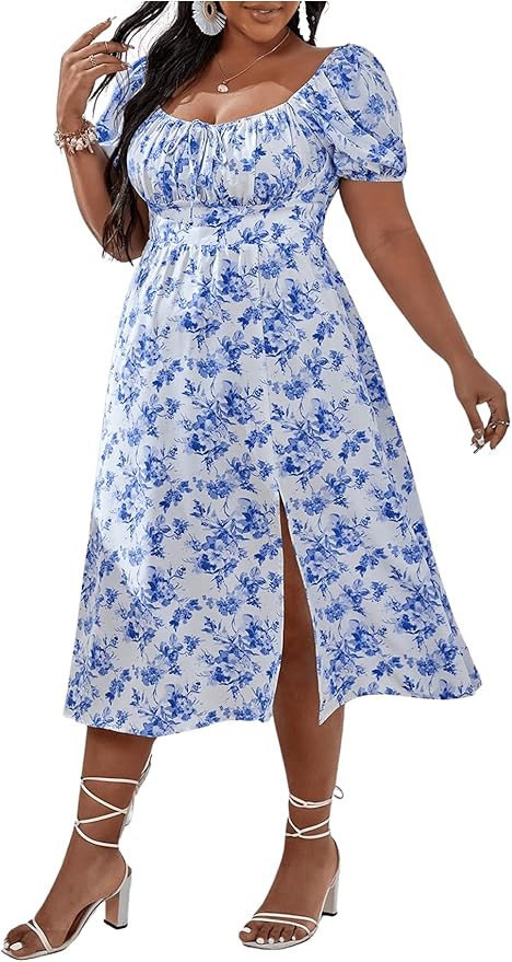 Floerns Women's Plus Size Floral Print Tie Front Square Neck Slit Hem Midi Dress | Amazon (US)