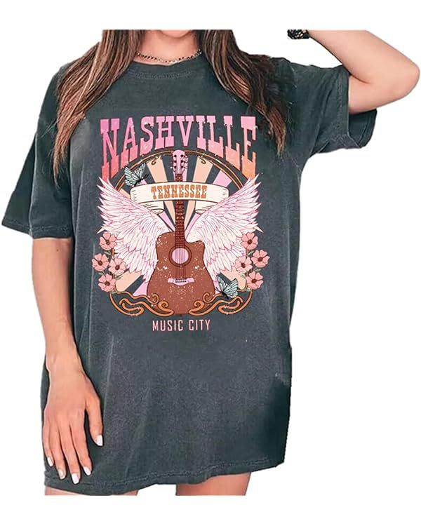 Nashville Shirts for Women Vintage Oversized Tennessee Country Music Festival Tshirt Guitar Rock ... | Amazon (US)