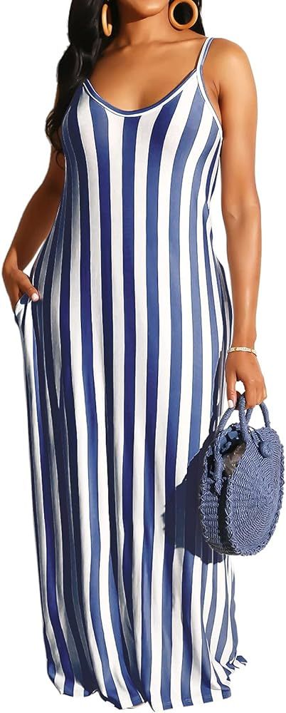 SeNight Womens Casual Maxi Dresses Summer Sexy Stripe Sleeveless Plus Size Loose Long Floor Lengt... | Amazon (US)