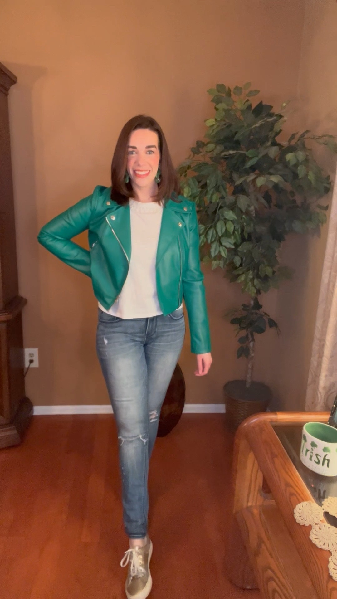 White cropped tee (small). Green faux leather moto jacket (small). Mid ride medium wash skinny jeans (4). Gold and silver sneakers (8.5). #tee #tshirt #croppedtshirt #whitetshirt #greenjacket #motojacket #fauxleatherjacket #skinnyjeans #jeans #mediumwashjeans #sneakers #goldsneakers #silversneakers #stpatricksday #stpatricksdayoutfit
Spring Fashion

#LTKSpringSale #LTKFindsUnder100 #LTKStyleTip